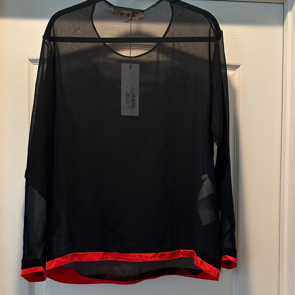 Marni Black Sheer Long-Sleeve Top with Red Trim Hem